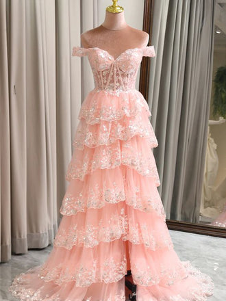 Off SHoulder Sweetheart Tiered A-line Long Prom Dresses to Impress ,MB919