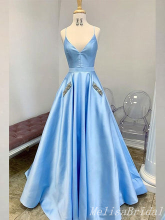 Sky Blue Spaghetti Straps V-Neck Beaded A-Line Evening Gown Maxi Long Evening Party Prom Dresses With Pockets ,MB596