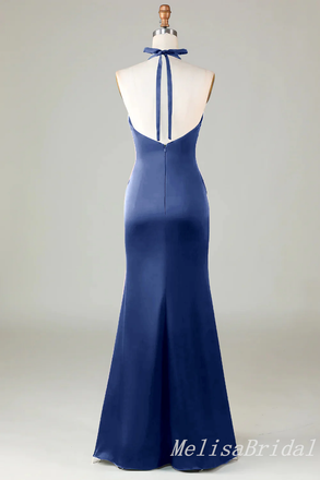 Blue Halter Plunging Mermaid Open Back Evening Gown Long Evening Party Prom Dresses,MB846