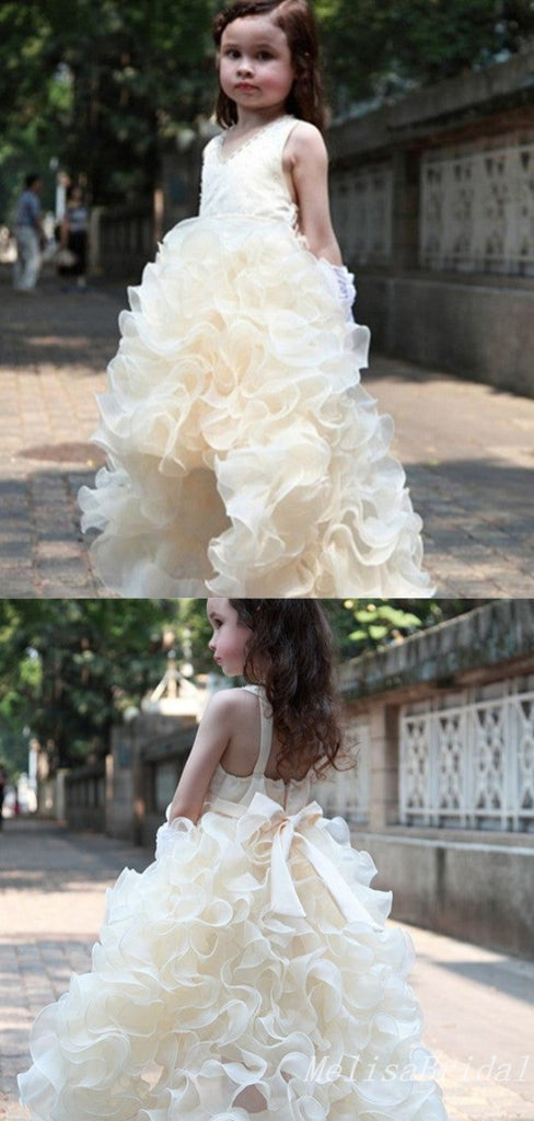 Ivory V-Neck High Low Long Tulle Ball Gown Flower Girl Dresses With Ruffles,FG59