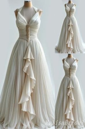 Ivory A-line Evening Gown Maxi Long Evening Party Prom Dresses,MB732