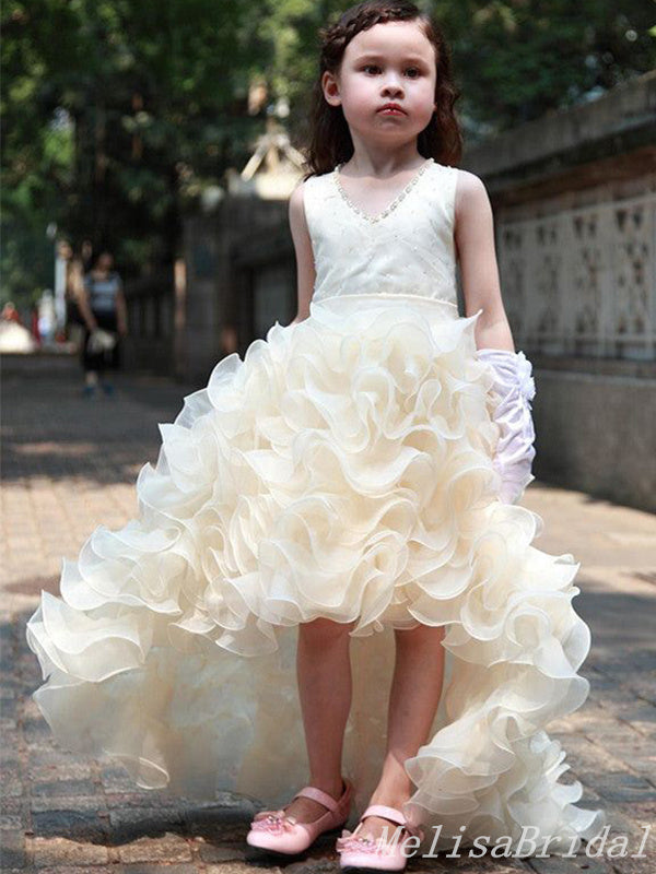 Ivory V-Neck High Low Long Tulle Ball Gown Flower Girl Dresses With Ruffles,FG59