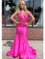 Sexy Pink V Neck Pleats Sleeveless Criss-Cross back Maxi Long Mermaid Prom Dresses,MB53