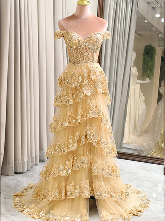 Off SHoulder Sweetheart Tiered A-line Long Prom Dresses to Impress ,MB920