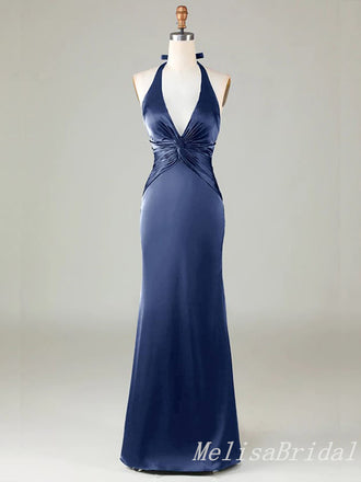 Blue Halter Plunging Mermaid Open Back Evening Gown Long Evening Party Prom Dresses,MB846