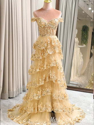 Off SHoulder Sweetheart Tiered A-line Long Prom Dresses to Impress ,MB920