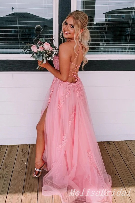 Stunning Blush Pink Spaghetti Straps Lace up Back Side Slit Lace Appliques A-line Party Dress Long Prom Dresses to Impress ,MB997