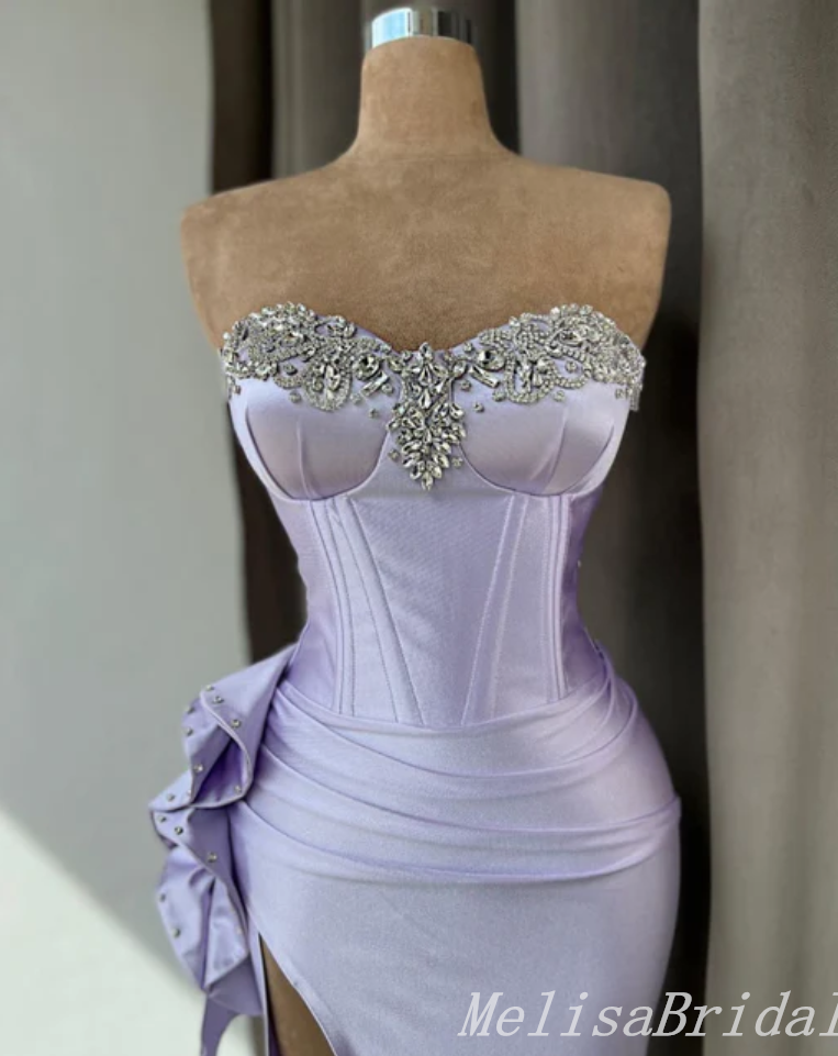 Gorgeous Strapless Lilac Beaded Sweetheart Side Slit Mermaid Long Party Dress Prom Dresses,MB1047