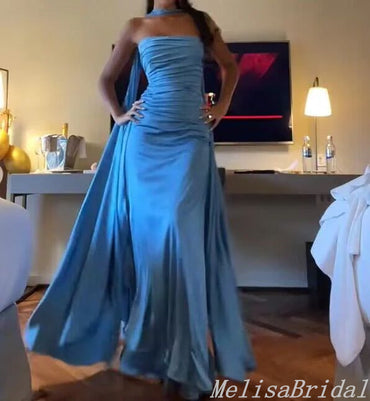Unique Blue A-Line Strapless Evening Gown Maxi Long Evening Party Prom Dresses ,MB597