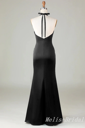 Black Halter Plunging Mermaid Open Back Evening Gown Long Evening Party Prom Dresses,MB847