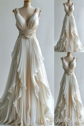 Ivory Beaded A-line Evening Gown Maxi Long Evening Party Prom Dresses,MB733