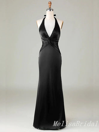 Black Halter Plunging Mermaid Open Back Evening Gown Long Evening Party Prom Dresses,MB847