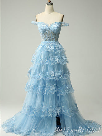 Blue Off SHoulder Sweetheart Tiered A-line Long Prom Dresses to Impress ,MB921