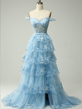 Blue Off SHoulder Sweetheart Tiered A-line Long Prom Dresses to Impress ,MB921