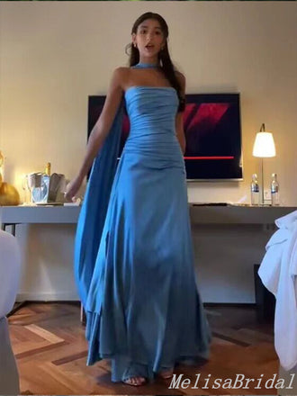 Unique Blue A-Line Strapless Evening Gown Maxi Long Evening Party Prom Dresses ,MB597