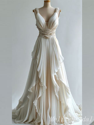 Ivory Beaded A-line Evening Gown Maxi Long Evening Party Prom Dresses,MB733