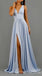 Elegant Blue Side Slit A-line V Neck Long Party Dress Prom Dresses,MB1048