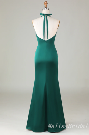 Green Halter Plunging Mermaid Open Back Evening Gown Long Evening Party Prom Dresses,MB848