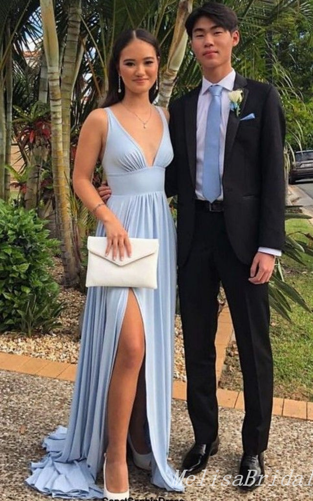 Elegant Blue Side Slit A-line V Neck Long Party Dress Prom Dresses,MB1048