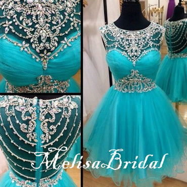 Blue Scoop Beaded A-Line Graduation Party Short Homecoming Dresses, HD446