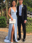 Elegant Blue Side Slit A-line V Neck Long Party Dress Prom Dresses,MB1048