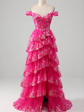 Off SHoulder Sweetheart Tiered A-line Long Prom Dresses to Impress ,MB922
