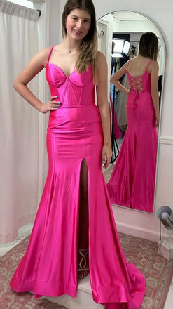 Elegant Pink Spaghetti Strap Side Slit Lace Up Back Mermaid Long Prom Dresses,MB42