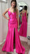 Elegant Pink Spaghetti Strap Side Slit Lace Up Back Mermaid Long Prom Dresses,MB42