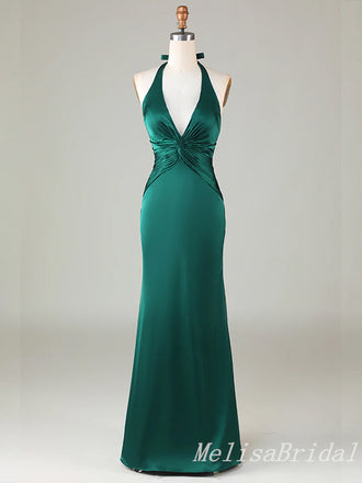 Green Halter Plunging Mermaid Open Back Evening Gown Long Evening Party Prom Dresses,MB848