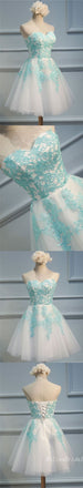 Mint Green Lace Appliques Sweetheart Strapless A-Line Graduation Party Short Homecoming Dresses, HD447