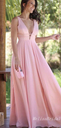 Light Pink Plunging A-line Evening Gown Long Evening Party Prom Dresses ,MB849