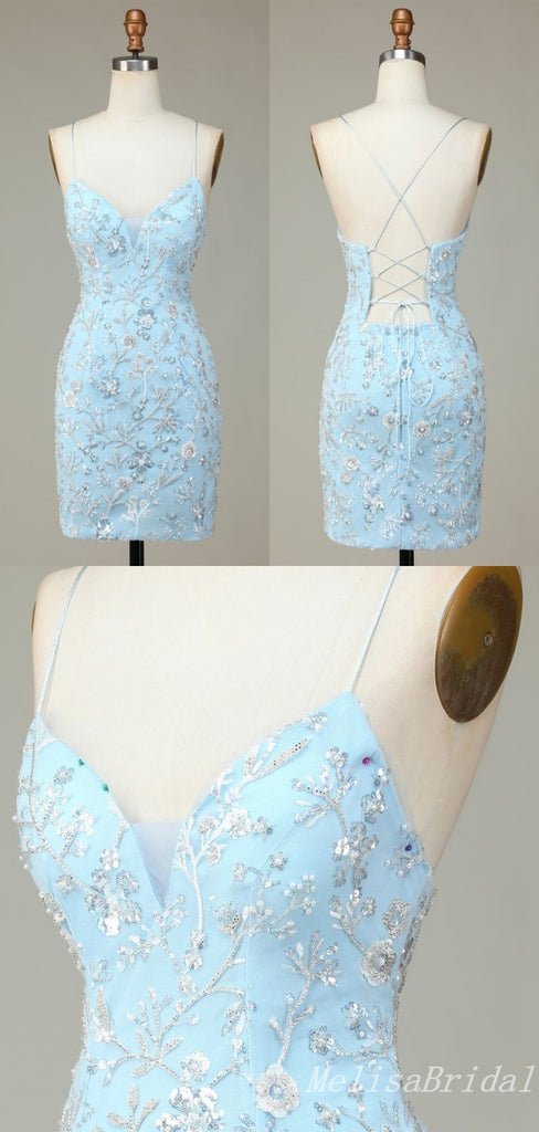 Baby Blue Mermaid Spaghetti Straps Sweetheart Lace Up Back Floral Appliques Graduation Party Short Homecoming Dresses, HD429