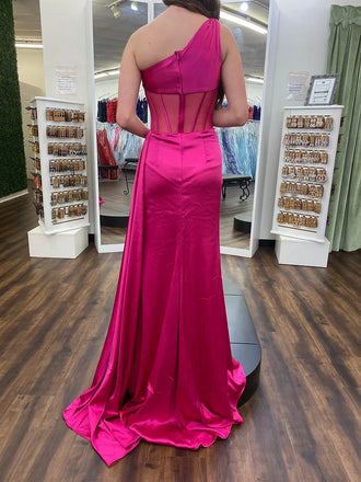 Elegant Rose Pink One Shoulder Side Slit Pleats Mermaid Prom Dresses,MB56