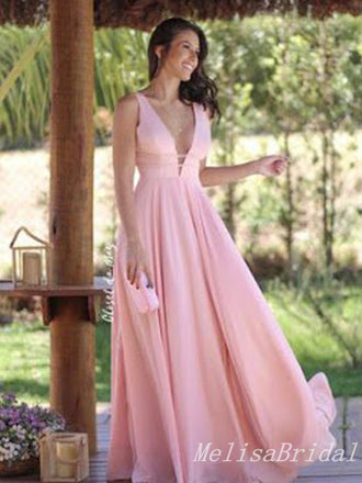 Light Pink Plunging A-line Evening Gown Long Evening Party Prom Dresses ,MB849