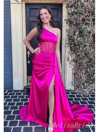 Elegant Rose Pink One Shoulder Side Slit Pleats Mermaid Prom Dresses,MB56