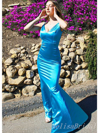Elegant Blue V Neck Spaghetti Strap Mermaid Evening Long Prom Dresses,MB57