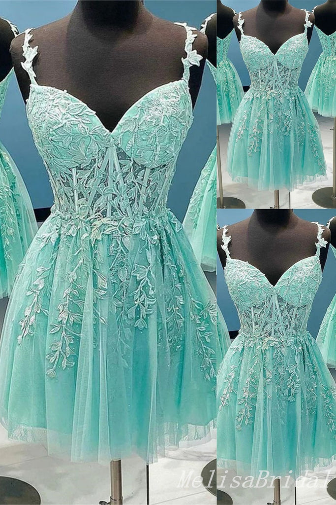 Mint Green Lace Appliques A-line Graduation Party Short Homecoming Dresses, HD477