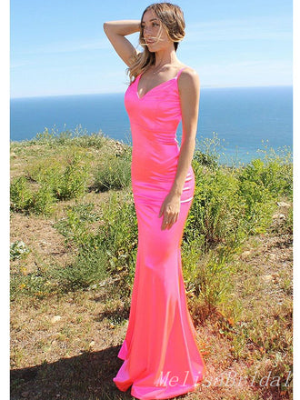 Elegant Candy Pink V Neck Spaghetti Strap Mermaid Evening Long Prom Dresses,MB58