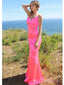 Elegant Candy Pink V Neck Spaghetti Strap Mermaid Evening Long Prom Dresses,MB58