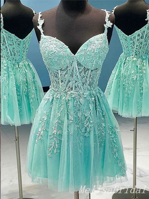 Mint Green Lace Appliques A-line Graduation Party Short Homecoming Dresses, HD477