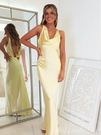 Yellow Halter Sheath Open Back Evening Gown Maxi Long Evening Party Prom Dresses,MB669