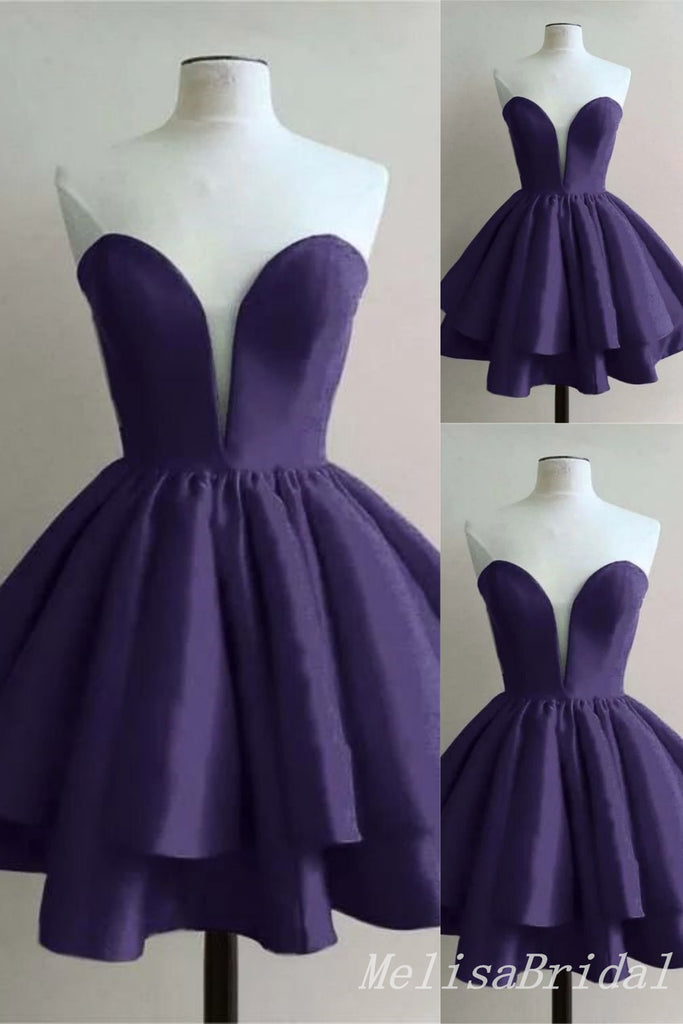 Purple Strapless Sweetheart A-line Graduation Party Short Homecoming Dresses, HD478