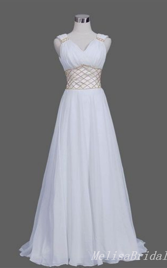 Elegant White V Neck A-line Long Party Dress Prom Dresses,MB1051