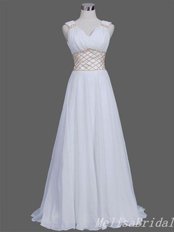 Elegant White V Neck A-line Long Party Dress Prom Dresses,MB1051