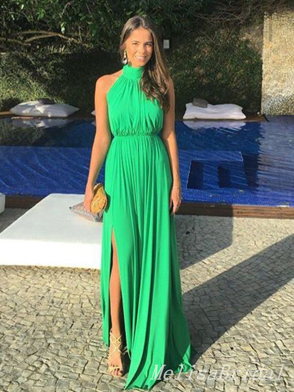 Elegant Green High Neck Sheath Party Dress Long Prom Dresses to Impress ,MB999