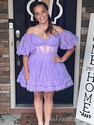 Elegant Light Purple Lace Tulle Ruffles Off Shoulder Appliqueas Illusion A-Line Simple Short Homecoming Dresses, HD68