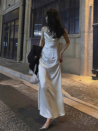 Elegant White Spaghetti Straps A-Line Lace Up Back Long Evening  Prom Dresses,MB06