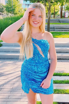 Elegant Blue Sequin One Shoulder Beading Cheap Simple Short Homecoming Dresses, HD88