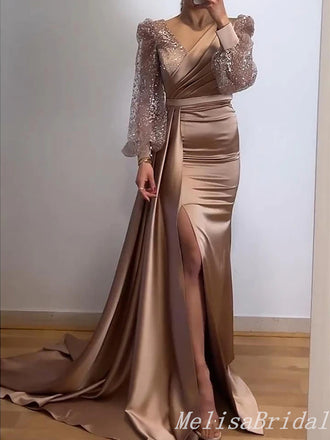 Elegant Side Slit Satin Mermaid Long Prom Dresses Evening Gown,MB173