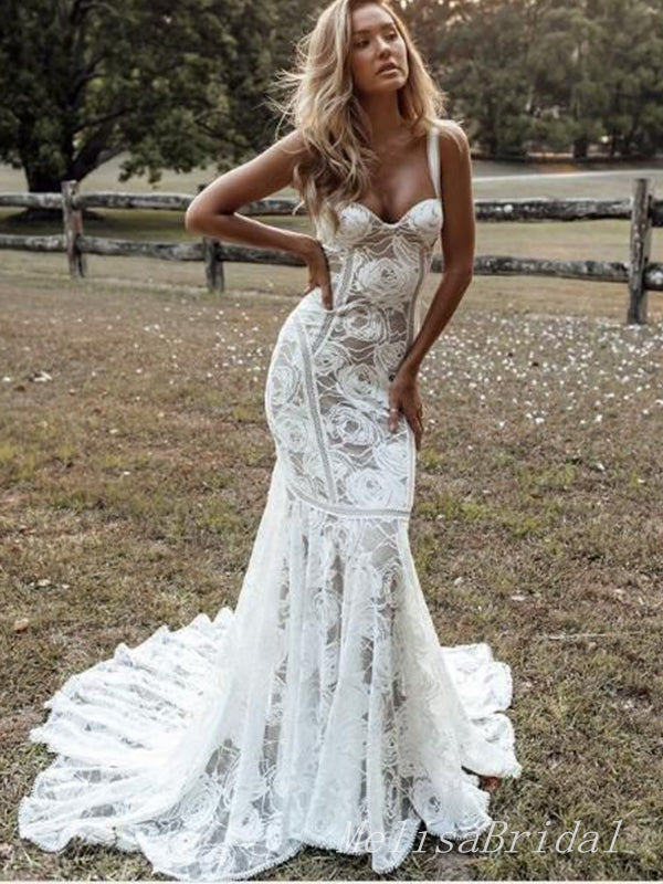 Elegant White Spaghetti Straps Tulle Lace Appliques A-Line Long Cheap Wedding Dresses,WD66